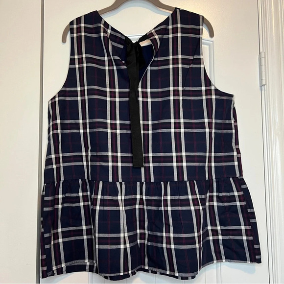 Halogen Navy Blue Plaid Peplum Bow Back Top XL - Picture 3 of 6